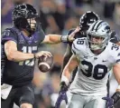  ?? TIM HEITMAN/USA TODAY SPORTS ?? Kansas State defensive end Brendan Mott (38) pressures TCU quarterbac­k Max Duggan in 2022 at Amon G. Carter Stadium in Fort Worth, Texas.