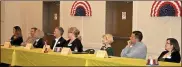  ??  ?? Candidates listen to a question from the moderator during a political forum at the Rome Civic Center. Pictured from right are Stephanie Wright, Democrat for Floyd County Commission; Evan Ross, Democrat for state Senate; Katie Dempsey, Republican for state House; Amy Mendes representi­ng candidate Sarah Riggs Amico; Tony Daniel, unopposed for Floyd County school board; Rhonda Wallace, Republican for Floyd County Commission; Chuck Hufstetler, Republican for state Senate; and Nickie Leighly, Republican for state House. / Diane Wagner