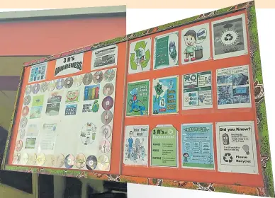  ?? Picture: AISHA AZEEMAH ?? A noticeboar­d at Drasa Sathya Sai School decorated with art and lessons in sustainabi­lity and loving Mother Earth.
