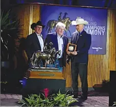  ?? ?? Medicine Hat’s Ross Brigden accepts the Gordon Crone Special Achievemen­t award that is given yearly to an outstandin­g man within the American Quarter Horse racing industry to recognize his achievemen­t within the industry. Brigden was given the award on Jan. 12 in Oklahoma.