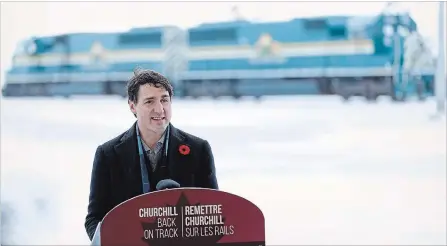  ?? JOHN WOODS THE CANADIAN PRESS ?? Prime Minister Justin Trudeau announces the opening of the repaired railway in Churchill, Man., on Thursday.