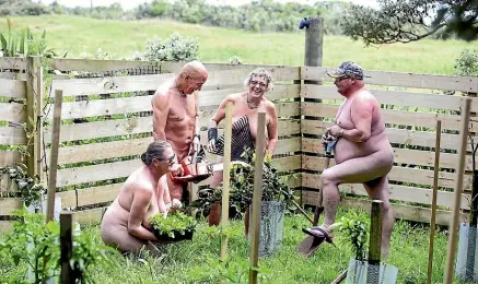  ?? ANDY JACKSON/STUFF ?? Members of the Taranaki Naturist Club, from left, Pip Elwarth, Terry Doe, Mary Spackman and Murray Elwarth get busy in the back yard.