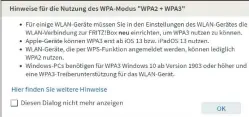  ??  ?? Fritzbox-hinweis: Wenn Sie WPA3 aktiviert haben, kann es Verbindung­sprobleme zu bestimmten Wlan-clients geben – selbst im gemischten Modus, der auch WPA2 zulässt.