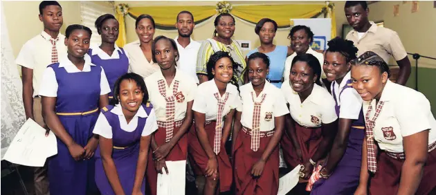  ??  ?? Members of the Brimmer Vale and Horace Clarke high schools’ teams, Nicole Clarke (back row, third from left), TEACH Caribbean; Franz Brown (fourth from left, back row), TEACH Caribbean volunteer Evorene Henry-Tracey (fifth from left, back row),...