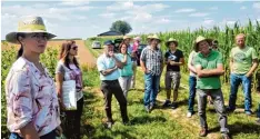  ??  ?? Tamara Linz und Alexandra Kipp (von links) erklären die Vorzüge des Anbaus der Sil phie am Feld des Landwirts Alois Wagner (im grünen Hemd mit Strohhut).