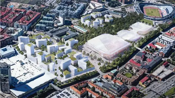  ?? Bild: GÖTEBORGS STAD/GP ?? Så här kan området mellan Ullevi och hotell Gothia komma att se ut i framtiden. Skissen visar utredninge­ns förslag.