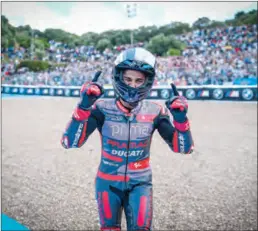  ?? (Pic: MotoGP) ?? Jorge Martin of Prima Pramac Racing celebrates his sprint win ahead of the Spanish Moto GP in Jerez, Spain, on Saturday.