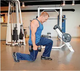  ?? [PHOTO PROVIDED] ?? Oklahoma Medical Research Foundation employee Mike McDaniel finds exercises he can do comfortabl­y in the foundation’s gym to help his arthritis by building up surroundin­g muscle.