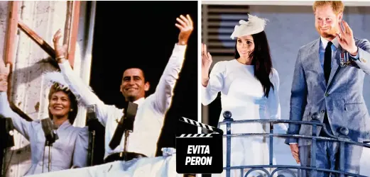  ??  ?? Crest of a wave: The royals went all Eva and Juan Peron as they waved to crowds from a balcony in Suva, Fiji . . . just like a scene played by Faye Dunaway and James Farentino in the 1981 movie version of Andrew Lloyd Webber’s stage hit, Evita