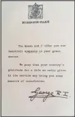  ??  ?? Left: The Queen’s sympathy letter sent to Gunner Harvey’s pregnant wife.