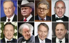  ?? AP FILE PHOTOS ?? Among those recently accused of sexual misconduct are, top row, from left: Fox News’ Bill O’Reilly, U.S. Senate candidate Roy Moore, U.S. Sen. Al Franken, D-Minn., and NBC News personalit­y Matt Lauer; and bottom row, from left: actor Kevin Spacey,...