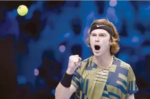  ?? — AFP ?? Russia’s Andrey Rublev celebrates winning a point during his round-robin match against Greece’s Stefanos Tsitsipas at the ATP Finals tournament in Turin.