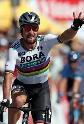  ?? BENOIT TESSIER/REUTERS ?? Bora-Hansgrohe’s Peter Sagan celebrates winning yesterday’s stage of the Tour de France at La Roche-sur-Yon