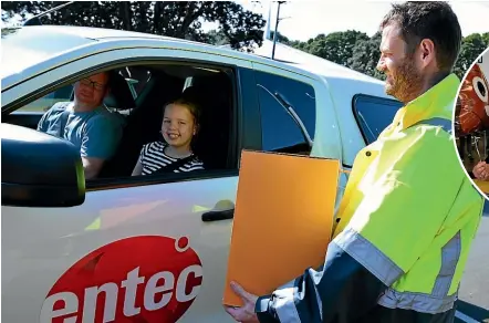  ?? PHOTOS: JOHN VELVIN/STUFF ?? Brendon Taylor and his daughter Emma used the drive-through voting station on Saturday. Inset: Ballot boxes were at 17 places around the district on Saturday to encourage voting.