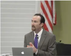  ??  ?? Imperial County Office of Education Superinten­dent Todd Finnell gives the board of trustees background regarding the proposal to increase the compensati­on for his position during Monday’s meeting. EDWIN DELGADO PHOTO