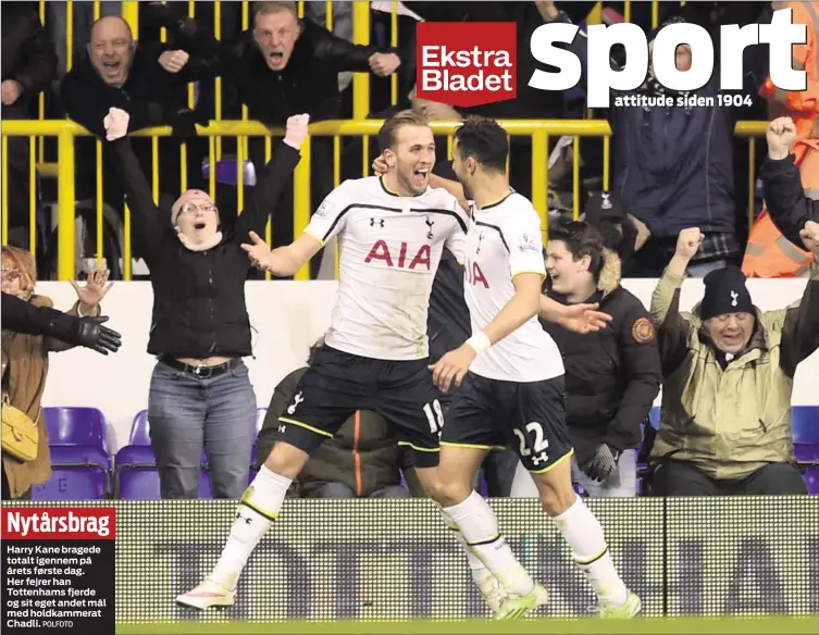  ?? POLFOTO ?? Nytårsbrag Harry Kane bragede totalt igennem på årets første dag. Her fejrer han Tottenhams fjerde og sit eget andet mål med holdkammer­at Chadli.