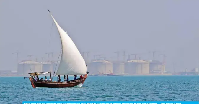  ?? — Photo by Yasser Al-Zayyat ?? KUWAIT: A pearl diving boat arrives for the annual pearl diving season on July 30, 2019 off the coast of the port city of Khairan, 100 kilometers (62 miles) south of Kuwait City.