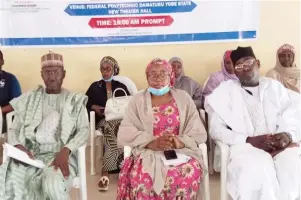  ?? ?? L/R Yobe State Permanent Secretary Ministry of Humanitari­an Affairs Alhaji Isa Bukar, NHGSFP team leader Hajiya Salamatu Maidurimi during a training in Damaturu