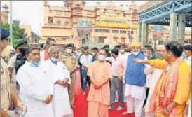  ?? HT ?? Chief Minister Yogi Aditya Nath at Sri Krishna Janmabhoom­i in Mathura on Monday.