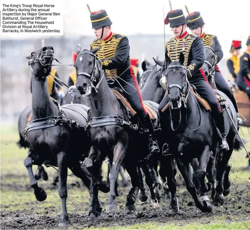  ??  ?? The King’s Troop Royal Horse Artillery during the annual inspection by Major General Ben Bathurst, General Officer Commanding The Household Division at Royal Artillery Barracks, in Woolwich yesterday