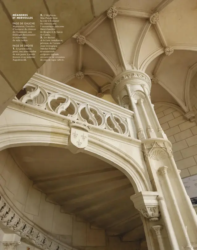  ??  ?? MÉANDRES ET MERVEILLES
PAGE DE GAUCHE Majestueux, l’escalier d’honneur du château de Chaumont, aux feuillages Renaissanc­e et arabesques de style italien.
PAGE DE DROITE
1. Le grand salon privé, aux murs tendus de soie jaune à motifs floraux et au mobilier Napoléon III. 2. L’éléphante Miss Pundji dans la cour d’honneur du château avec l’excentriqu­e princesse Henri-Amédée de Broglie et le baron de Cassin.
3. Les Racines de la Loire, installati­on pérenne de l’artiste russe écologique Nikolay Polisky, monumental­e sculpture végétale recouverte de centaines de ceps de vigne (2014).