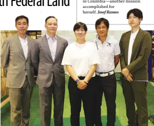  ?? ?? YUKA SASO (center) with (from left) Mitsukoshi General Manager Mitsunori Morohoshi, Federal Land President and COO Thomas Mirasol, Nomura Real Estate Developmen­t General Manager of Overseas Business Masaya Hirao and Mitsukoshi Deputy General Manager Koichi Asakawa.