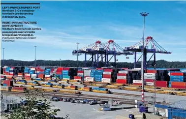  ?? PHOTO: DESTINATIO­N BC/ ROBERT NORMANDIN ?? LEFT: PRINCE RUPERT PORT Northern B. C’s container terminals are becoming increasing­ly busy. RIGHT: INFRASTRUC­TURE DEVELOPMEN­T VIA Rail’s Skeena train carries passengers over a trestle bridge in northwest B. C.