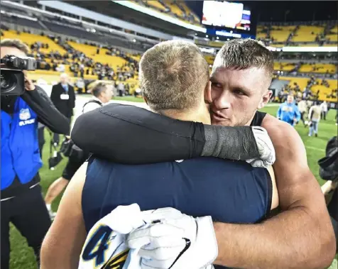  ?? Peter Diana/Post-Gazette ?? CLOCKWISE FROM TOP LEFT: Derek and T.J. as baseball teammates playing for their father; T.J., left, and Derek in the Wisconsin locker room after defeating Minnesota to win Paul Bunyan’s Axe in 2015; and after a Steelers-Chargers game at Heinz Field in 2018.