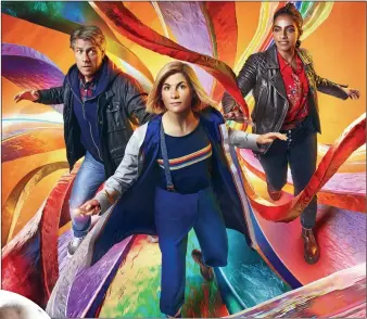  ?? ?? COSMIC DISASTER: Doctor Who’s John Bishop, Jodie Whittaker
and Mandip Gill; left Brian Cox’s Logan Roy in Succession