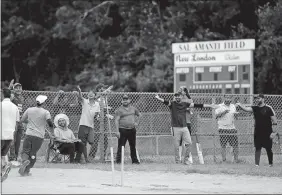  ?? PHOTOS BY SARAH GORDON/THE DAY ?? Above, Teammates of the New Jersey Devils react to a play. Left, Kakshil Patel, with the New Jersey Devils team, takes a shot at a pitch during Sunday’s cricket tournament at Bates Woods Park in New London.