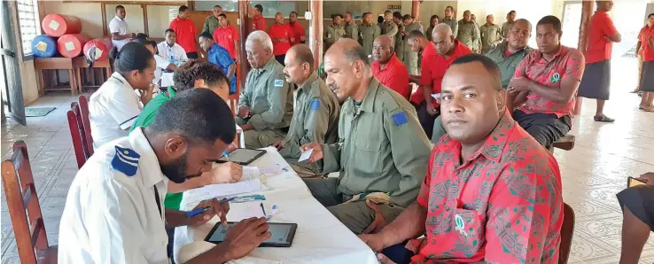  ?? Photo: DEPTFO news ?? RFMF frontliner­s at the barracks in Vaturekuka, Labasa receive their first dose of the AstraZenec­a vaccines.
