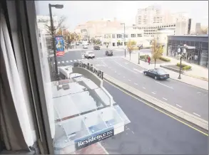  ?? Tyler Sizemore / Hearst Connecticu­t Media ?? A second-floor view from the new Marriott Residence Inn extended-stay hotel at 25 Atlantic St. in downtown Stamford on Wednesday.