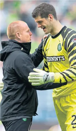  ?? Picture: SNS Group. ?? Reunited? Neil Lennon and Fraser Forster celebrate during their first spells at Parkhead.