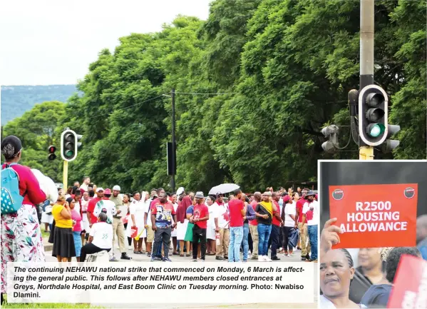  ?? Dlamini. Photo: Nwabiso ?? The continuing NEHAWU national strike that commenced on Monday, 6 March is affecting the general public. This follows after NEHAWU members closed entrances at Greys, Northdale Hospital, and East Boom Clinic on Tuesday morning.