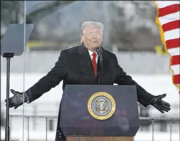  ?? Jacquelyn Martin The Associated Press ?? President Donald Trump speaks at a rally Wednesday in Washington. His remarks preceded an insurrecti­on at the U.S. Capitol in which five people died.