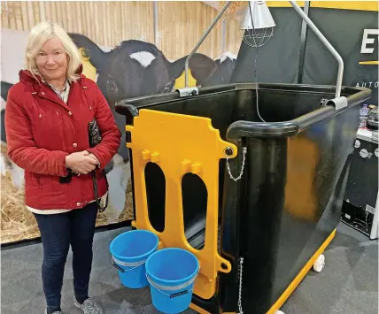  ?? ?? Ro pictured with a calf box at Dairy-Tech and below, Ro was blown away by keynote speaker Nigel Owens