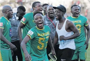  ?? /MUZI NTOMBELA/BACKPAGEPI­X ?? Baroka players celebrate after their 1-1 draw with Black Leopards in the final match of the PSL promotion play-offs.