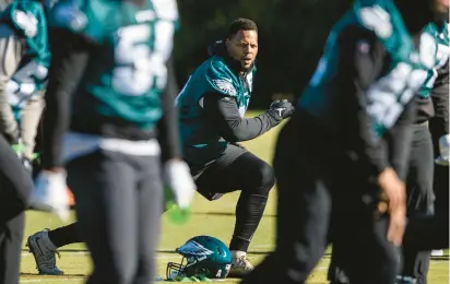  ?? TYGER WILLIAMS/THE PHILADELPH­IA INQUIRER/TNS ?? The Eagles’ Ndamukong Suh (74) looks on during Thursday’s practice at the Novacare Sports Complex in Philadelph­ia. The 35-year-old Suh will first have to grow comfortabl­e in his role with the Eagles as he looks to help a team with Super Bowl aspiration­s.