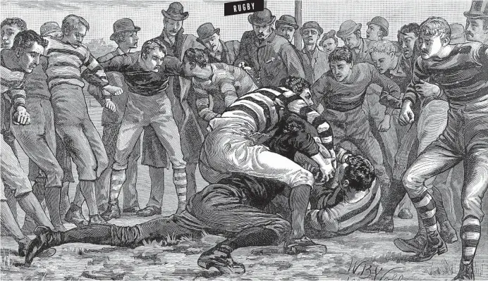  ?? Picture: Universal History Archive/ via Getty Images ?? A 19th-century engraving depicting the game of rugby shows defenders trying to prevent opponents scoring a try.