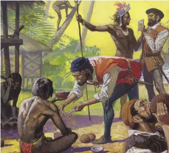  ??  ?? VÍVERES ANSIADOS. En la ilustració­n, los españoles comercian con los nativos de Filipinas para conseguir los alimentos que necesitan.