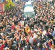  ?? PTI ?? BJP's Jairam Thakur (centre, garlanded) with his supporters in Shimla on Sunday, after being named the party's legislatur­e party leader and chief minister designate .