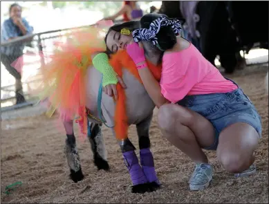  ?? NEWS-SENTINEL PHOTOGRAPH­S BY BEA AHBECK ?? Jenna Schmiedt, 13, with Alpine Victor 4H, holds her sheep as they compete dressed in a 1980s theme during the costume contest at the San Joaquin AGFest 2019 at the San Joaquin County Fairground­s in Stockton on Thursday.