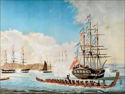  ??  ?? The settlement of Wellington by the New Zealand Company in 1840, as depicted by Captain Matthew Thomas Clayton, in a chromolith­ograph – from a painting – titled Historical gathering of pioneer ships in Port Nicholson, March 8, 1840.