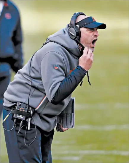  ?? CHRIS SWEDA/CHICAGO TRIBUNE PHOTOS ?? Bears head coach Matt Nagy yells out directions to his team during a game against the Texans in December at Soldier Field.