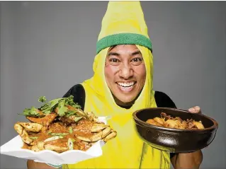  ?? MYUNG J. CHUN / LOS ANGELES TIMES ?? Nguyen Tran of Starry Kitchen, in his signature banana suit, shows how to make Singaporea­n chili crab and buttermilk beer beignets in Los Angeles.