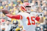  ??  ?? Kansas City quarterbac­k Patrick Mahomes tied a franchise record with six TD passes and the Chiefs put on an impressive offensive display in a 42-37 win over the Pittsburgh Steelers. Mahomes finished 23 of 28 for 326 yards in his third career start. Don Wright / Associated Press