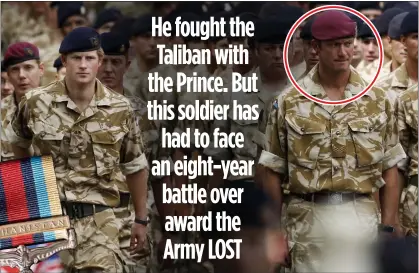  ??  ?? Sgt Deane Smith (ringed) with Prince Harry on the day he should have received his medal, inset