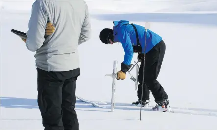  ?? ALBERTA ENVIRONMEN­T/ CALGARY HERALD ?? Alberta Environmen­t and Sustainabl­e Resource Developmen­t staff measure the early April snowpack.