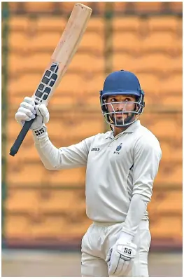  ?? — PTI ?? Madhya Pradesh batsman Rajat Patidar celebrates his century on the fourth day of their Ranji Trophy final against Mumbai in Bengaluru on Saturday.