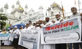  ??  ?? Sri Lankan Muslims gather in Colombo on 26 April to protest against violence. Photograph: MA Pushpa Kumara/EPA